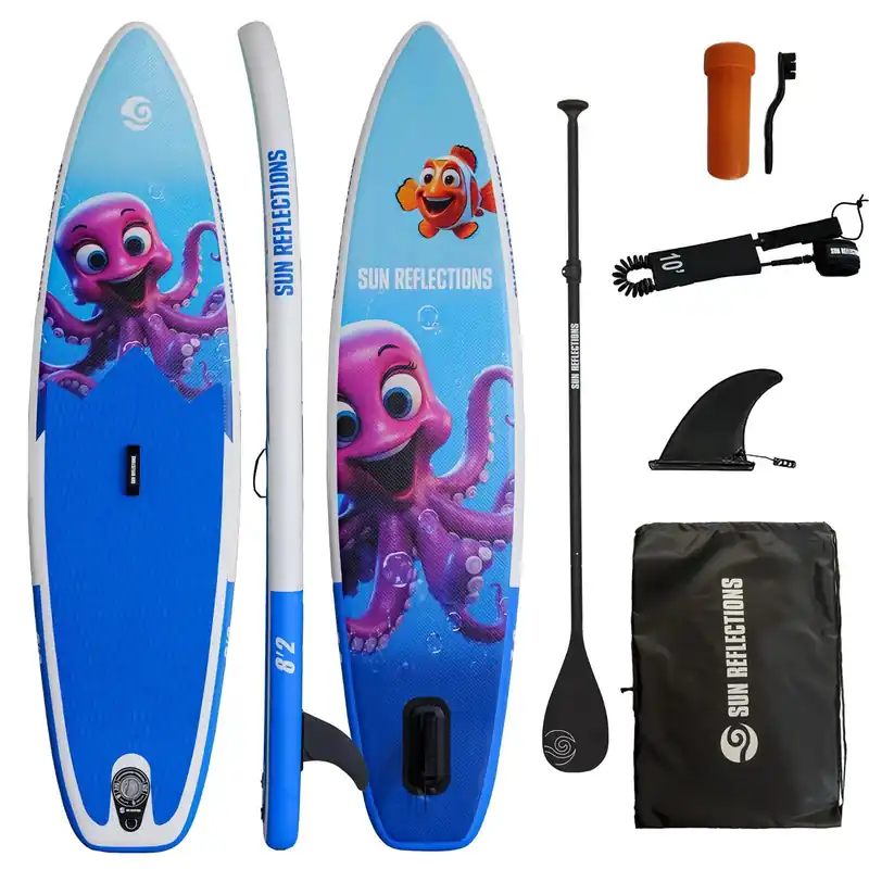 Sun Reflections Kids SUP 8‘2 aufblasbar Kinder Board Paddel Set 250x66x10cm - Farbe OCTOPUS (250x66cm) Wassersporteuropa Echt