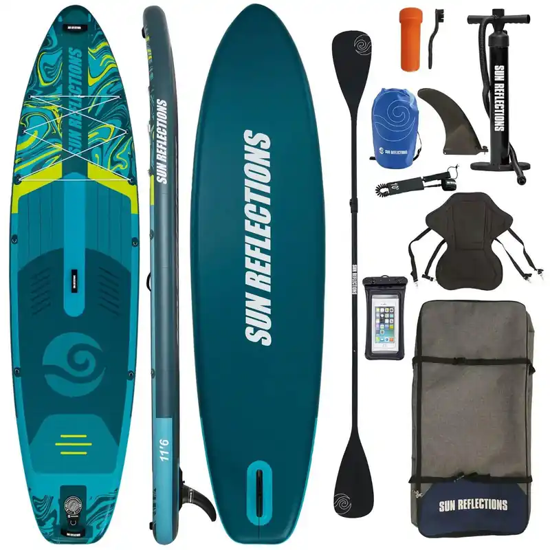 Markenprodukt Sun Reflections 11‘6 SUP Board Komplettset aufblasbar Kajak Sitz 350x86x15cm Stand Up Board Wassersporteuropa